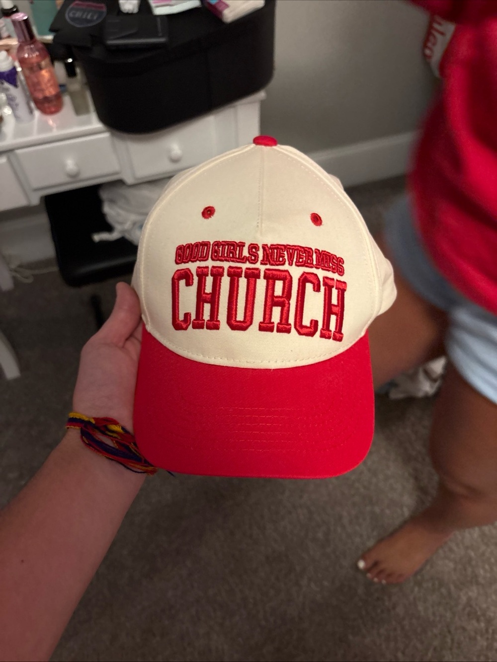 Good Girls Never Miss Church Red & Cream Women’s Hat - NEVER WORN